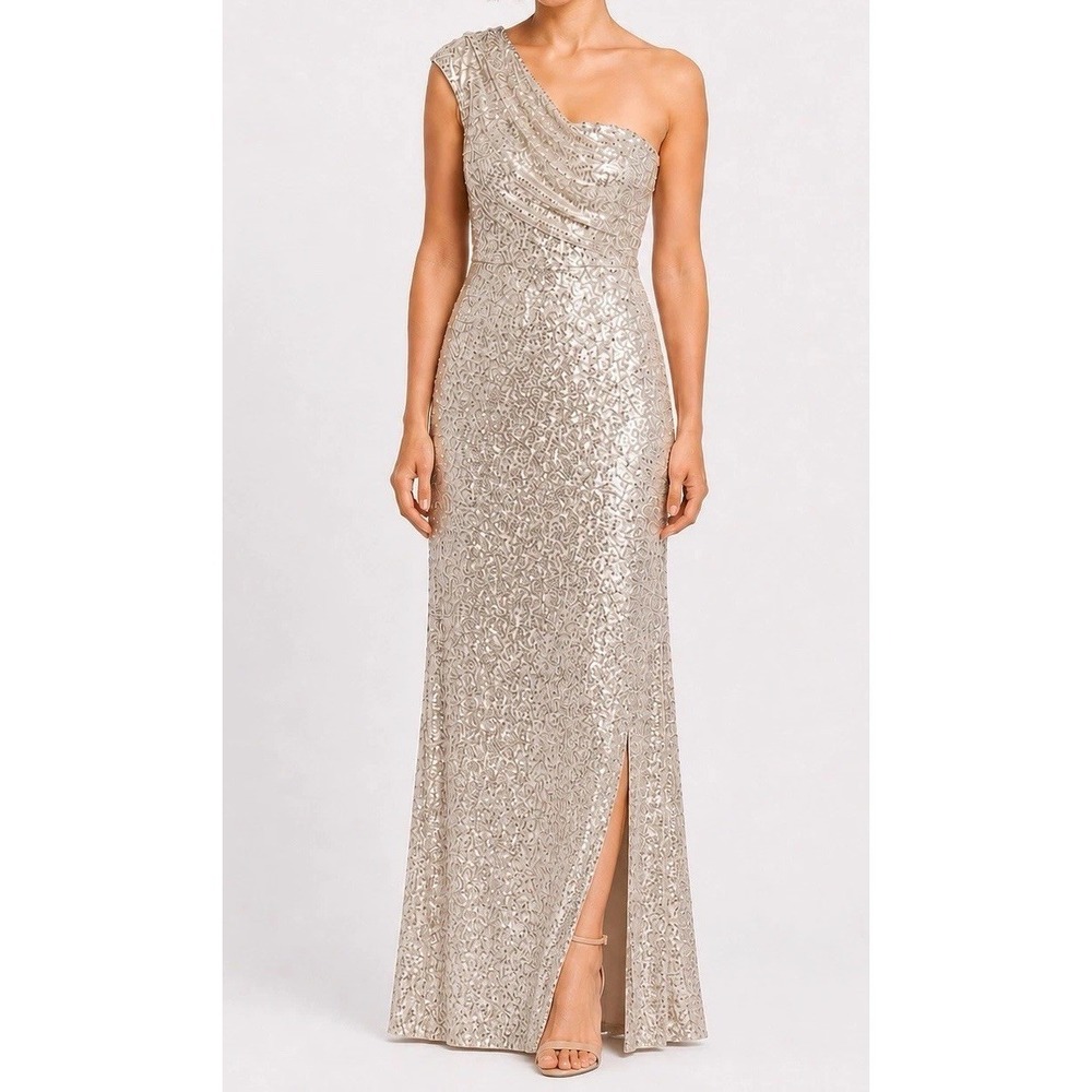 NWT Eliza J Sequined One-Shoulder Maxiโ Dress Size 10Champagne